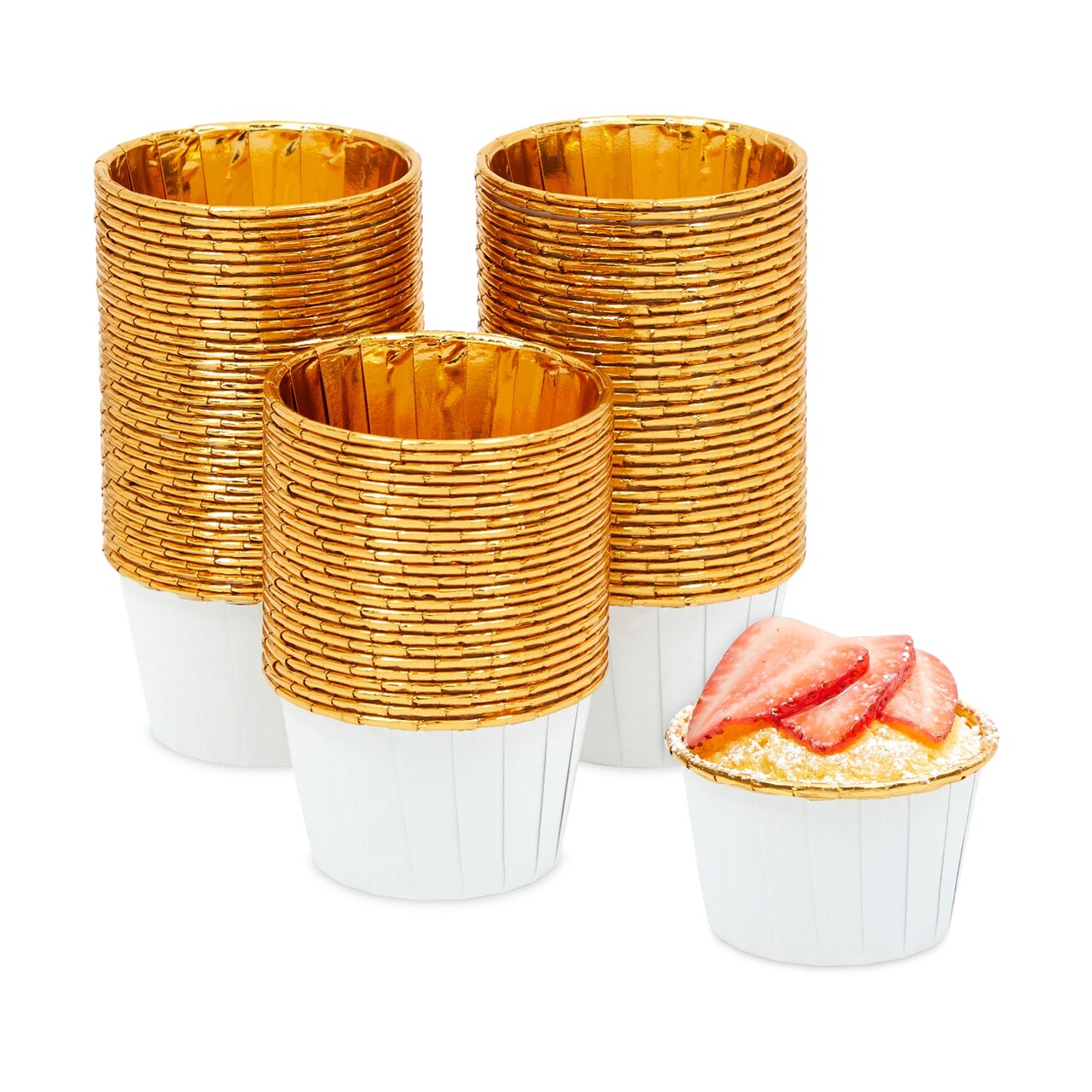 100 Pack Gold Aluminum Foil Cupcake Liners, 2.75x1.5-Inch White Colored Baking Cups for Muffins and Baked Desserts, Small Goodie Containers for Loose Nuts and Candies